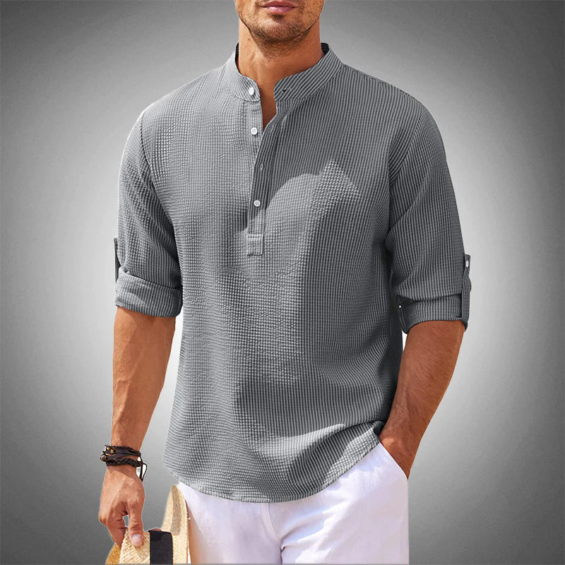 Men's Long Sleeve Shirt with Stand Collar and Half-Button Placket