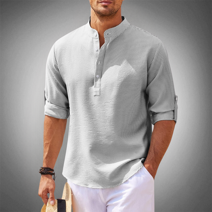 Men's Long Sleeve Shirt with Stand Collar and Half-Button Placket
