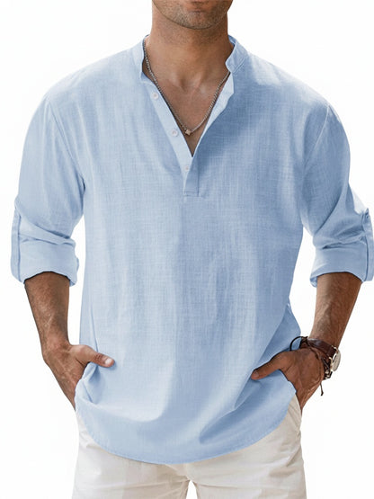 Men's Long Sleeve Shirt with Stand Collar and Henley Button Placket
