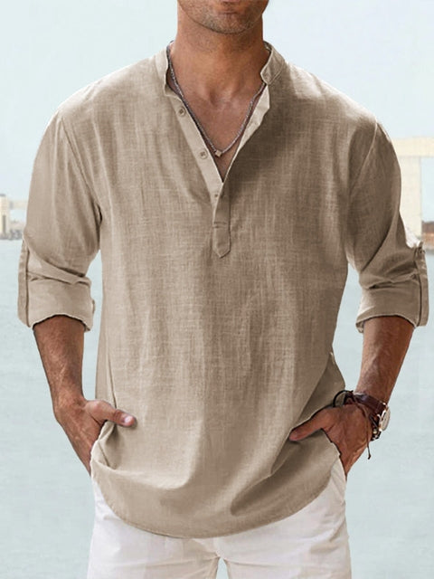 Men's Long Sleeve Shirt with Stand Collar and Henley Button Placket