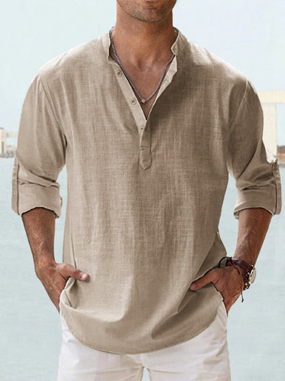 Men's Long Sleeve Shirt with Stand Collar and Henley Button Placket