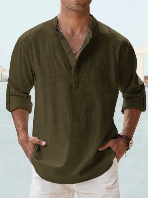Men's Long Sleeve Shirt with Stand Collar and Henley Button Placket