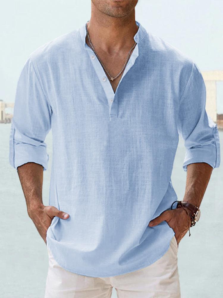 Men's Long Sleeve Shirt with Stand Collar and Henley Button Placket