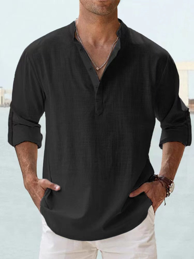 Men's Long Sleeve Shirt with Stand Collar and Henley Button Placket