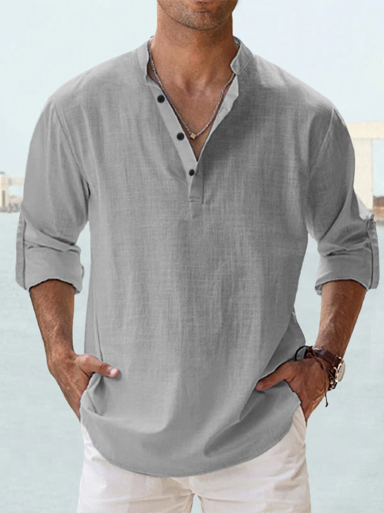 Men's Long Sleeve Shirt with Stand Collar and Henley Button Placket