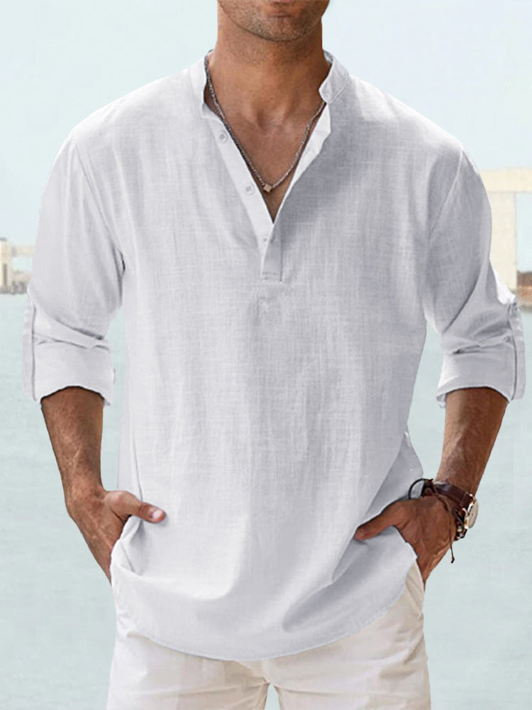 Men's Long Sleeve Shirt with Stand Collar and Henley Button Placket