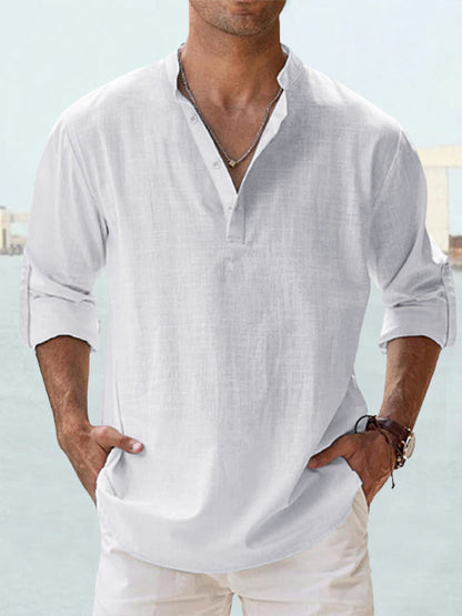 Men's Long Sleeve Shirt with Stand Collar and Henley Button Placket