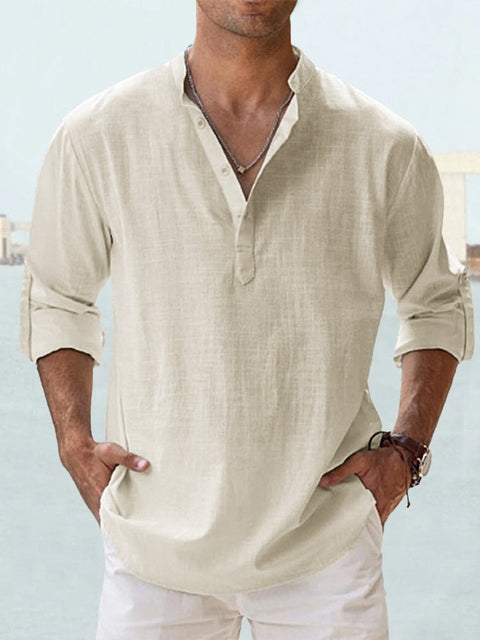Men's Long Sleeve Shirt with Stand Collar and Henley Button Placket