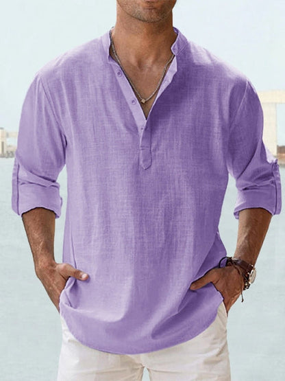 Men's Long Sleeve Shirt with Stand Collar and Henley Button Placket