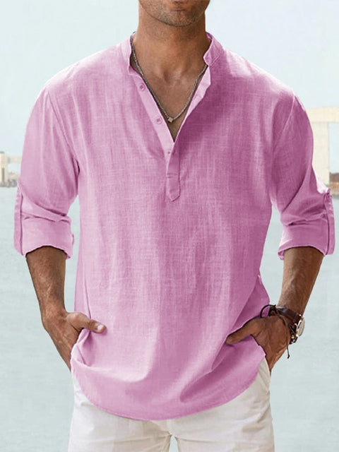 Men's Long Sleeve Shirt with Stand Collar and Henley Button Placket