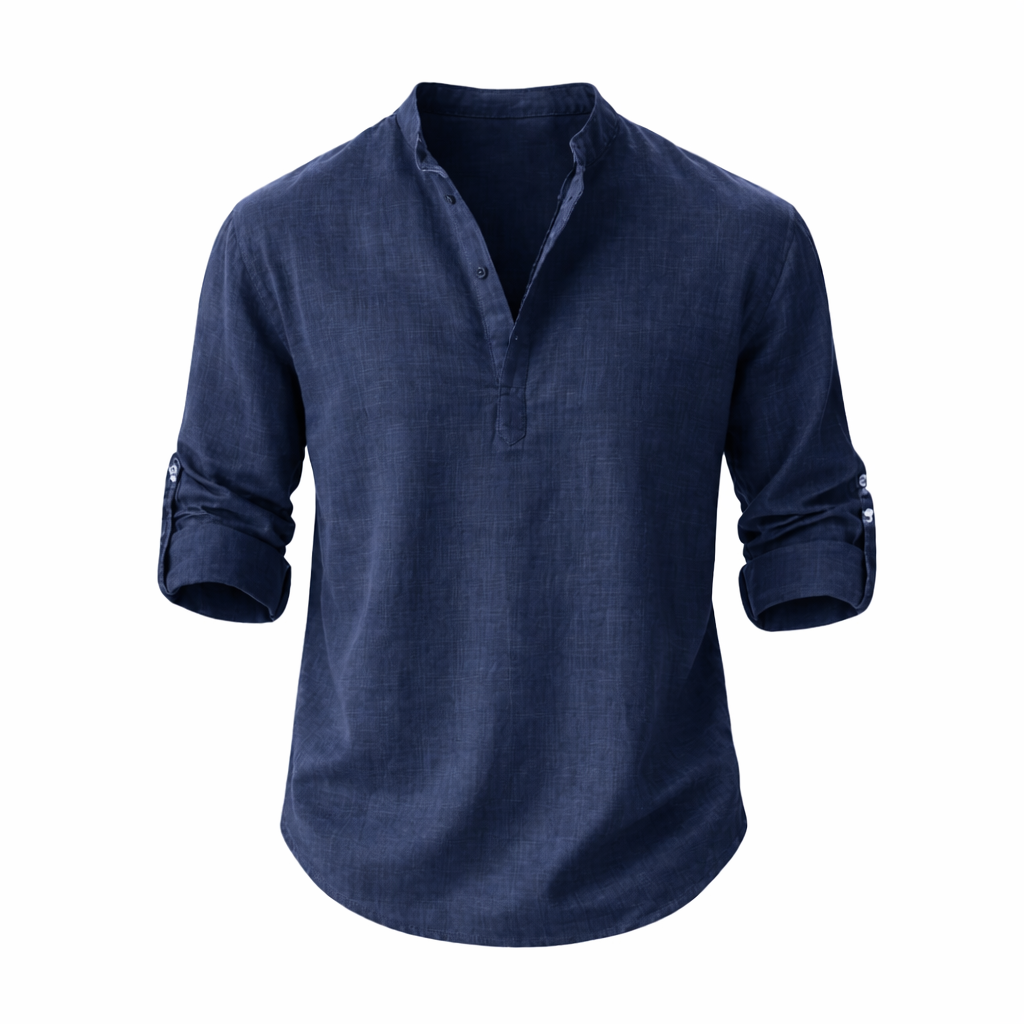 Men's Long Sleeve Shirt with Stand Collar and Roll-Up Sleeves