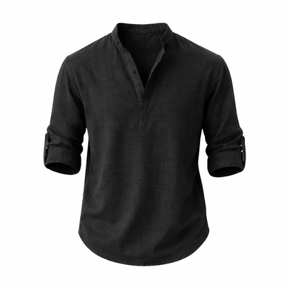 Men's Long Sleeve Shirt with Stand Collar and Roll-Up Sleeves