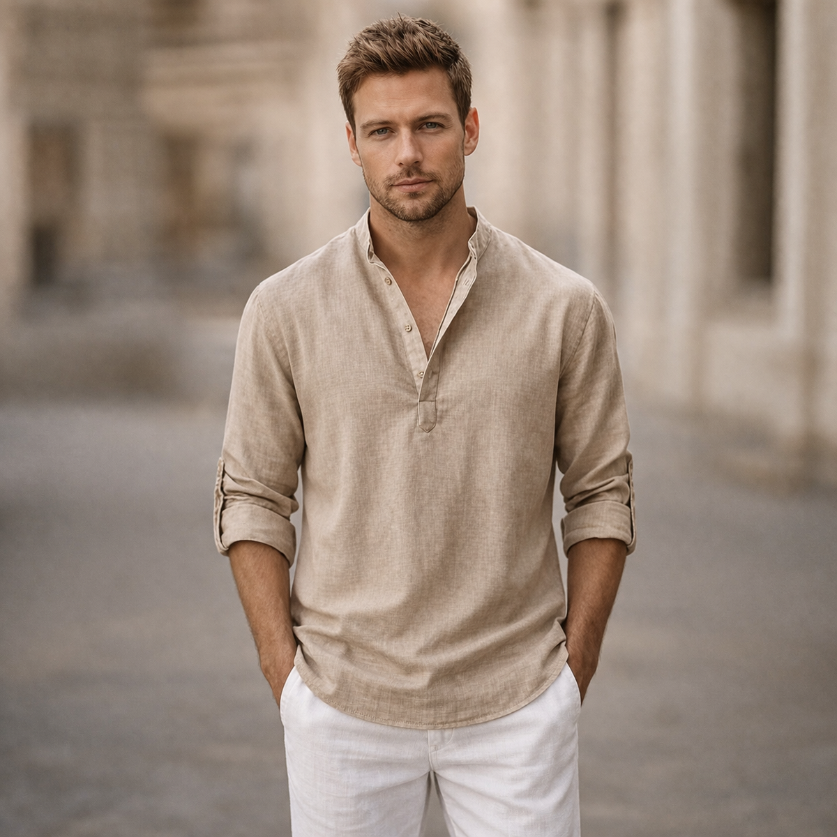 Men's Long Sleeve Shirt with Stand Collar and Roll-Up Sleeves