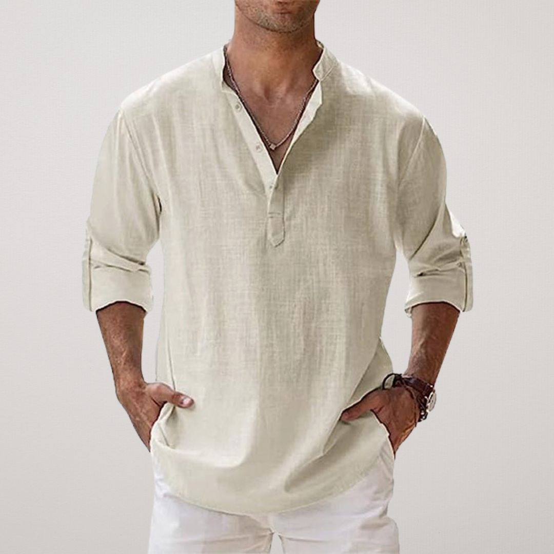 Men's Long Sleeve Shirt with V-Neck and Button Placket, Relaxed Fit