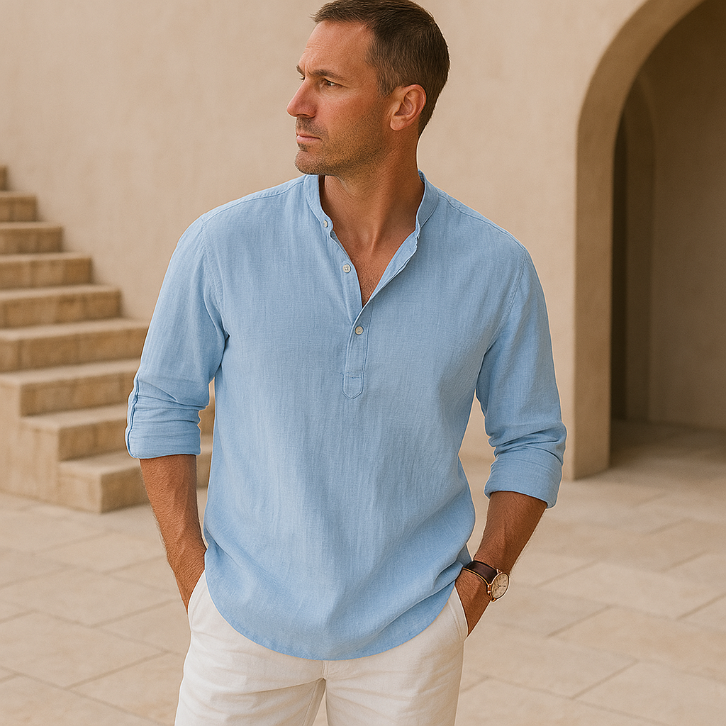 Men's Long Sleeve Shirt with V-Neck and Button Placket, Relaxed Fit
