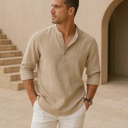 Men's Long Sleeve Shirt with V-Neck and Button Placket, Relaxed Fit