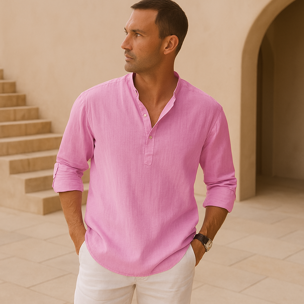 Men's Long Sleeve Shirt with V-Neck and Button Placket, Relaxed Fit