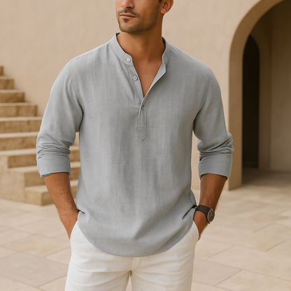 Men's Long Sleeve Shirt with V-Neck and Button Placket, Relaxed Fit