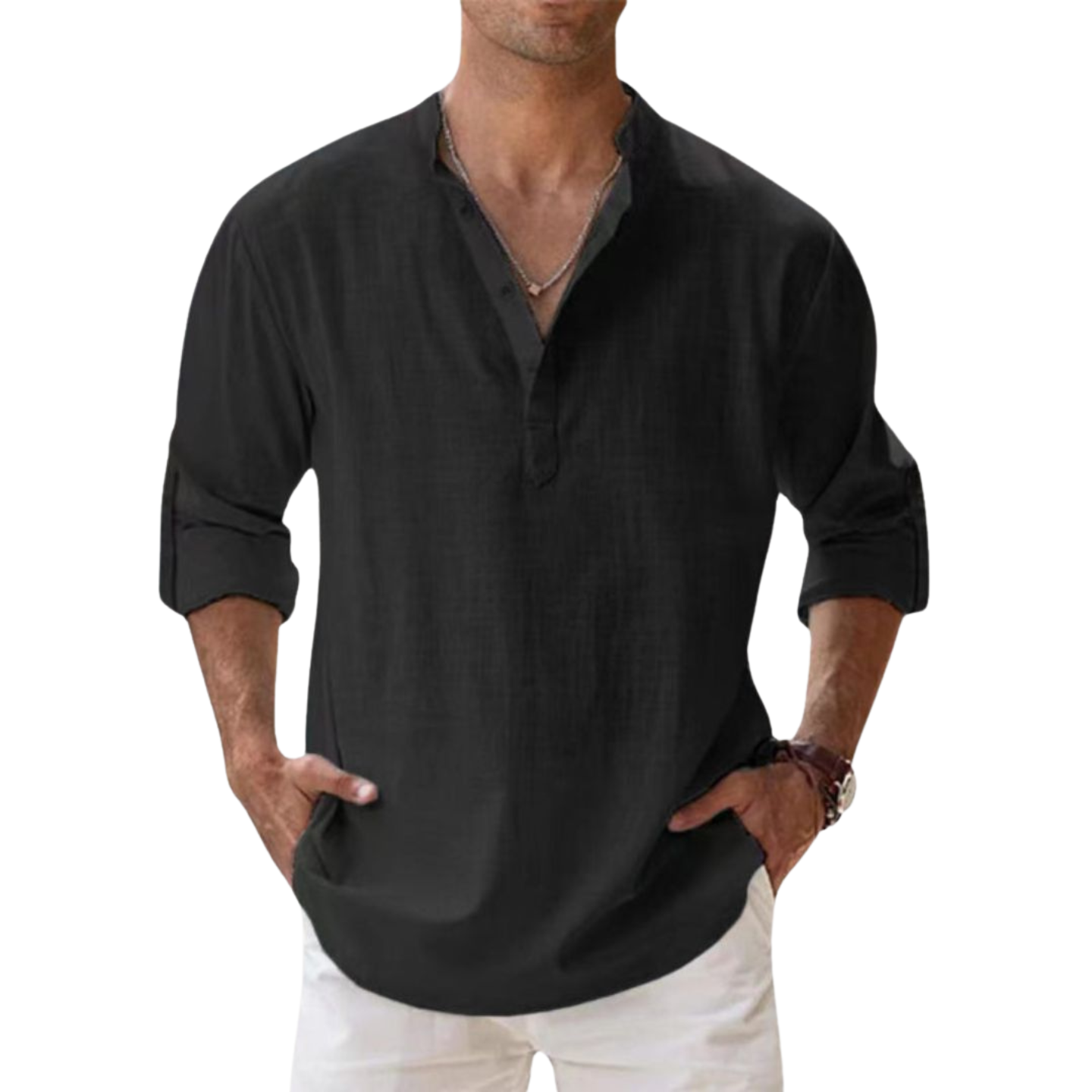 Men's Long Sleeve Shirt with V-Neck and Button Placket, Relaxed Fit
