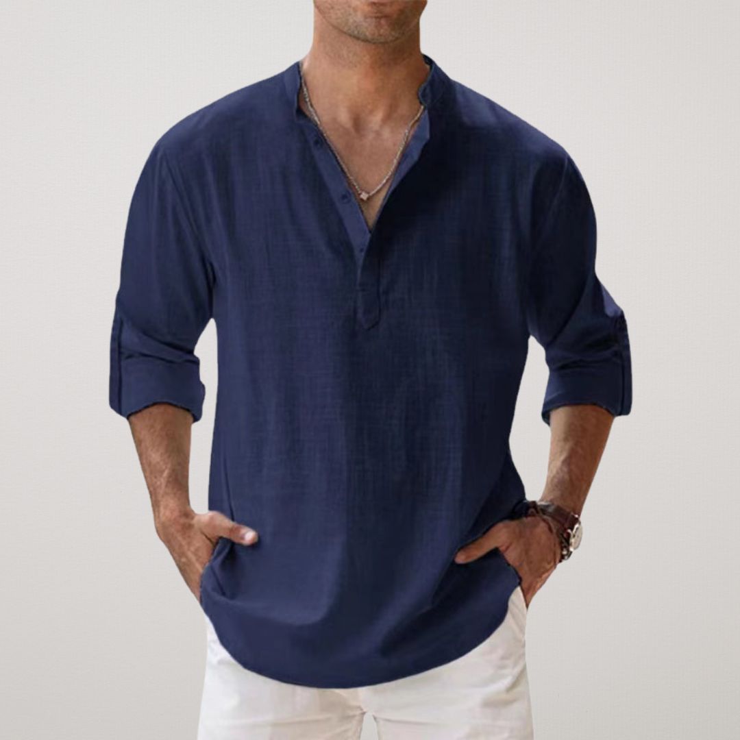 Men's Long Sleeve Shirt with V-Neck and Button Placket, Relaxed Fit