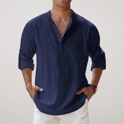 Men's Long Sleeve Shirt with V-Neck and Button Placket, Relaxed Fit