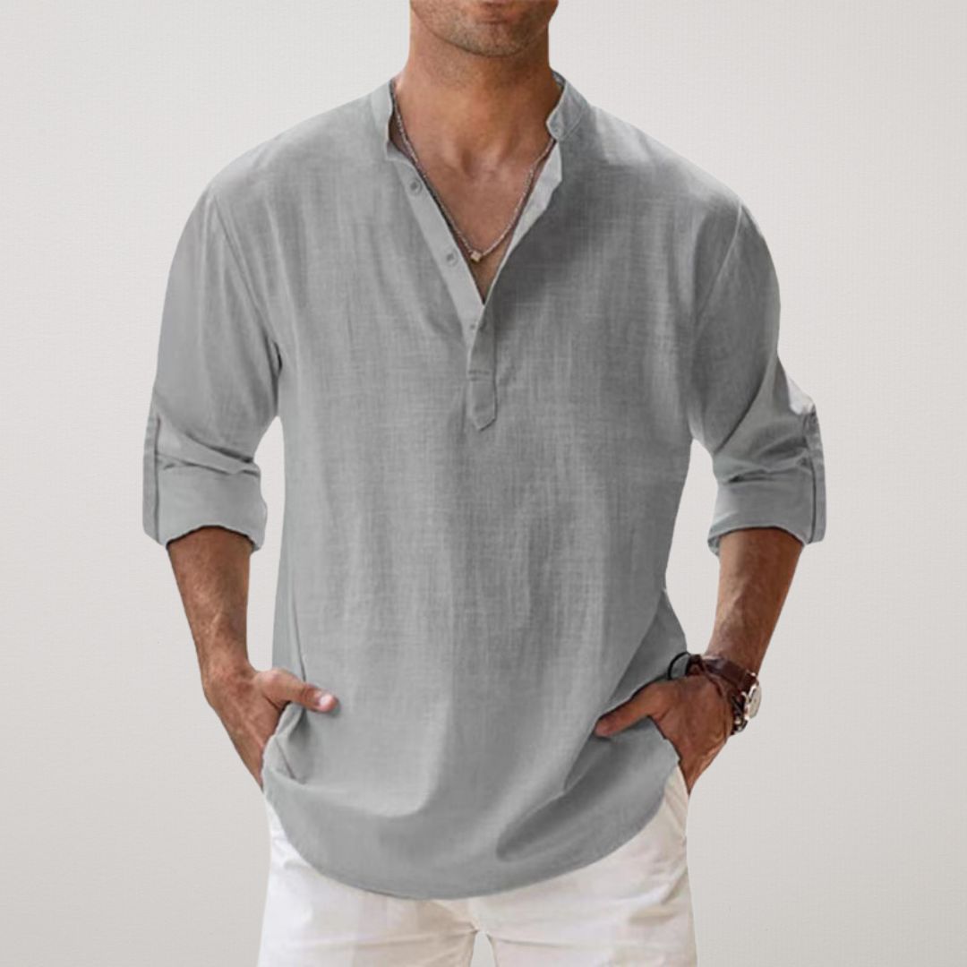 Men's Long Sleeve Shirt with V-Neck and Button Placket, Relaxed Fit