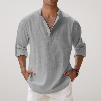 Men's Long Sleeve Shirt with V-Neck and Button Placket, Relaxed Fit