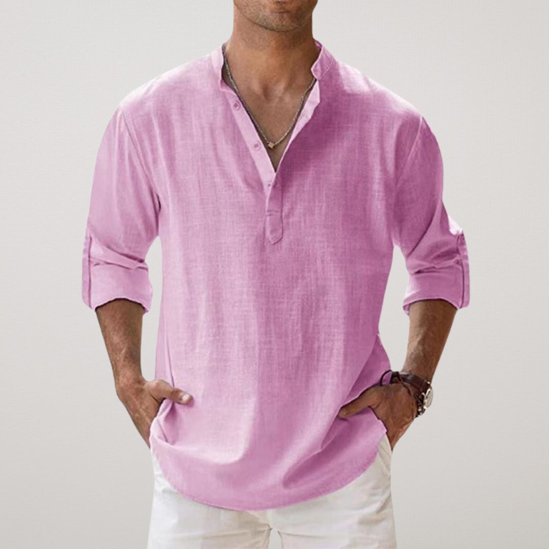 Men's Long Sleeve Shirt with V-Neck and Button Placket, Relaxed Fit