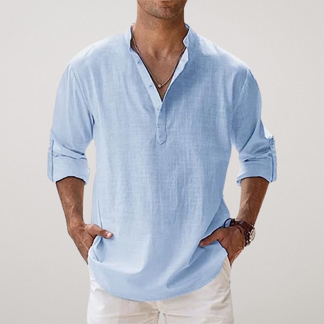 Men's Long Sleeve Shirt with V-Neck and Button Placket, Relaxed Fit