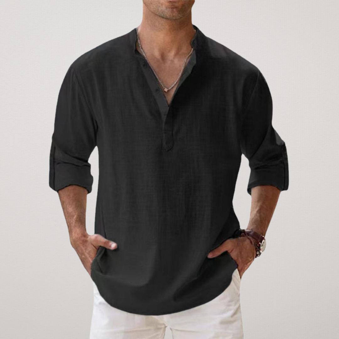 Men's Long Sleeve Shirt with V-Neck and Button Placket, Relaxed Fit