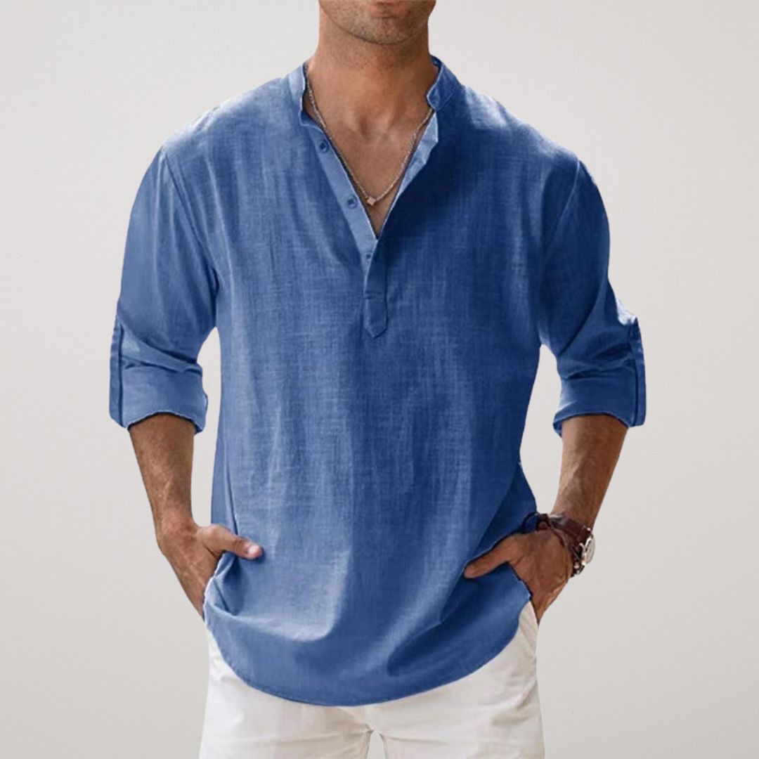 Men's Long Sleeve Shirt with V-Neck and Button Placket, Relaxed Fit