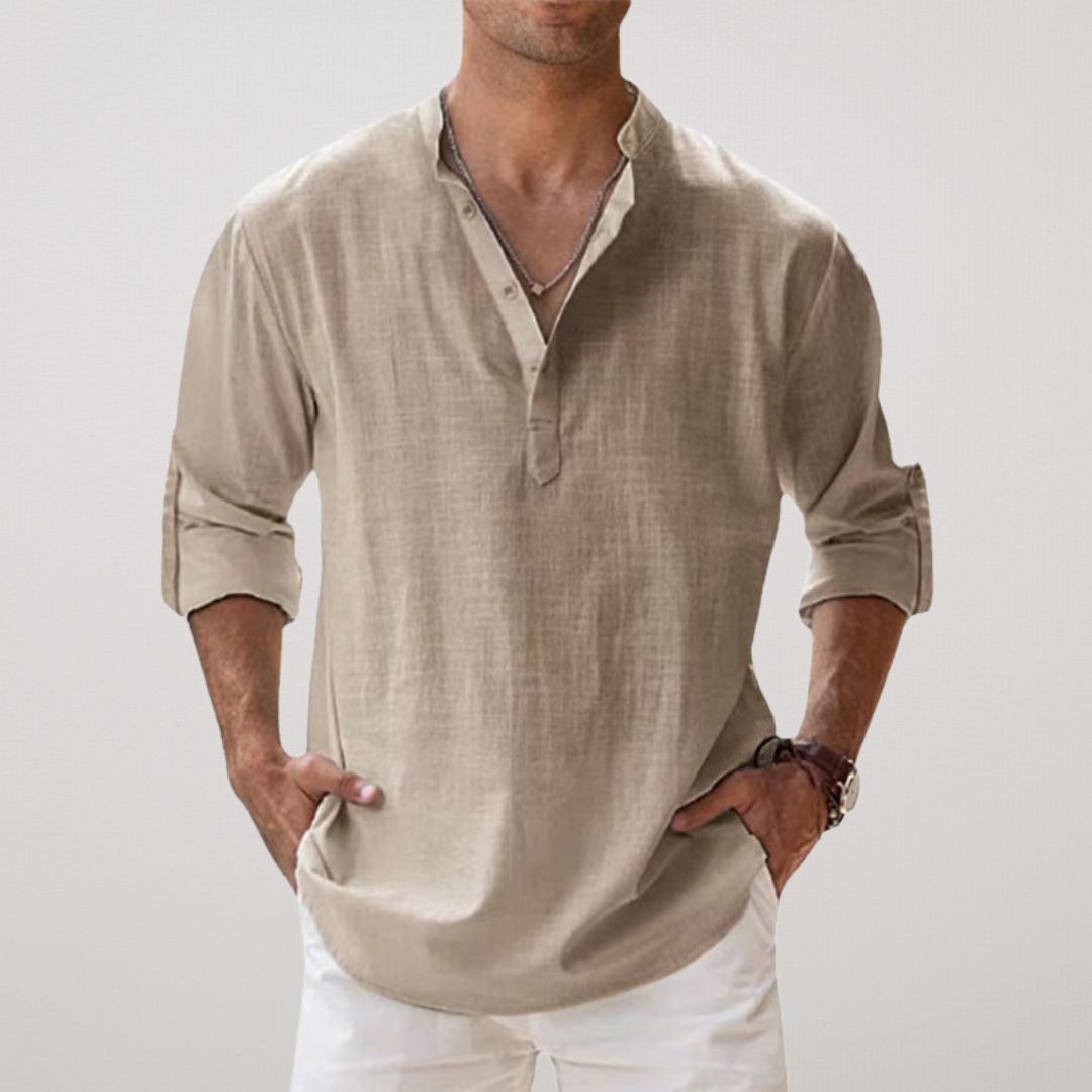 Men's Long Sleeve Shirt with V-Neck and Button Placket, Relaxed Fit