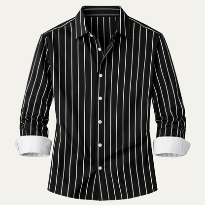 Men's Long Sleeve Striped Dress Shirt with Button Closure and Spread Collar