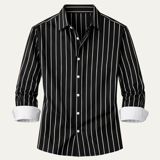 Men's Long Sleeve Striped Dress Shirt with Button Closure and Spread Collar