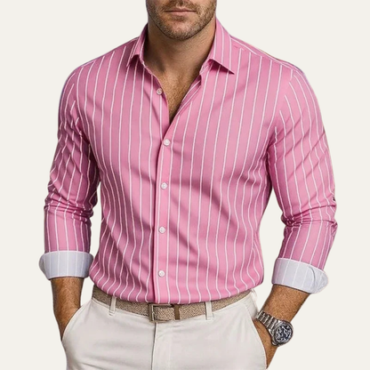 Men's Long Sleeve Striped Dress Shirt with Button Closure and Spread Collar