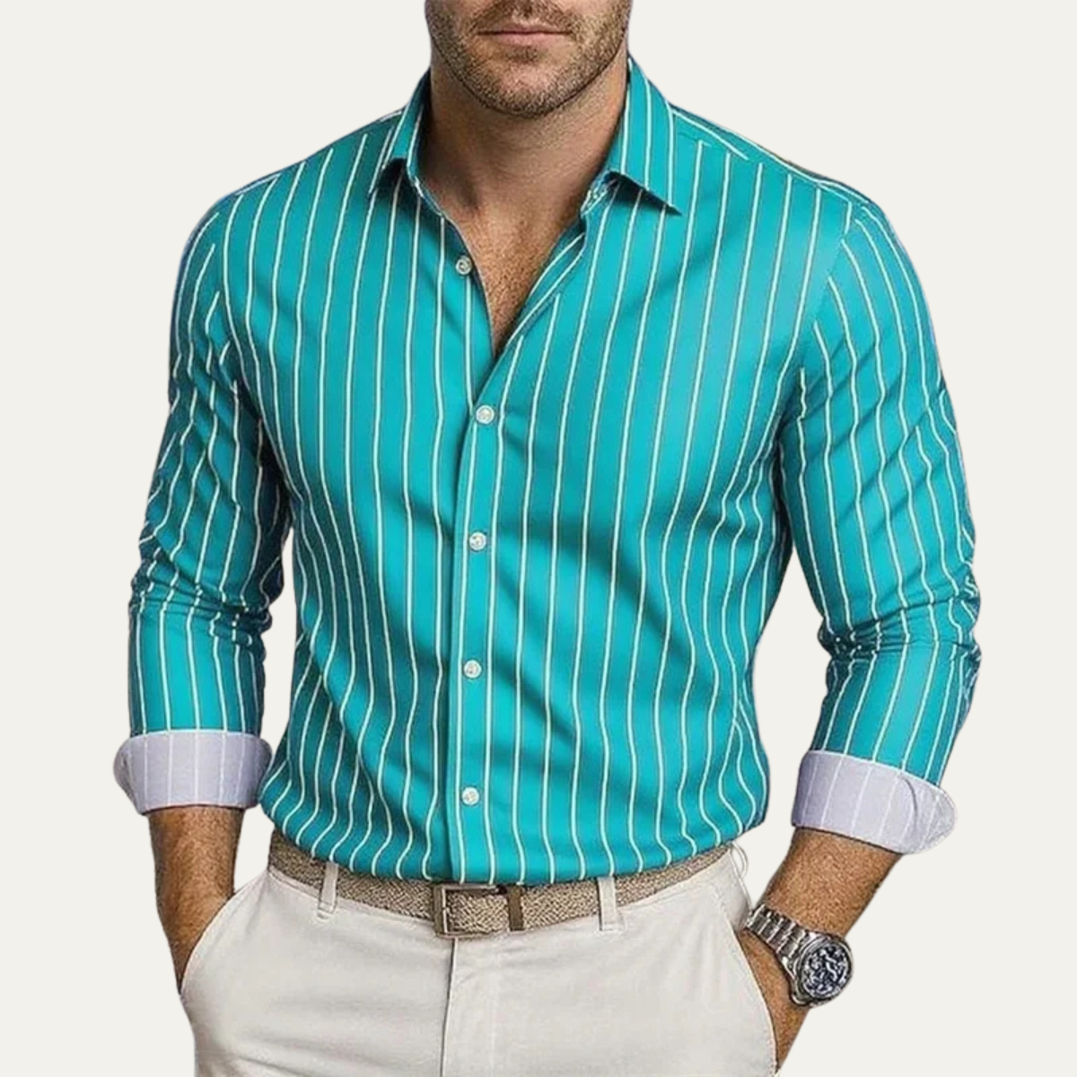 Men's Long Sleeve Striped Dress Shirt with Button Closure and Spread Collar