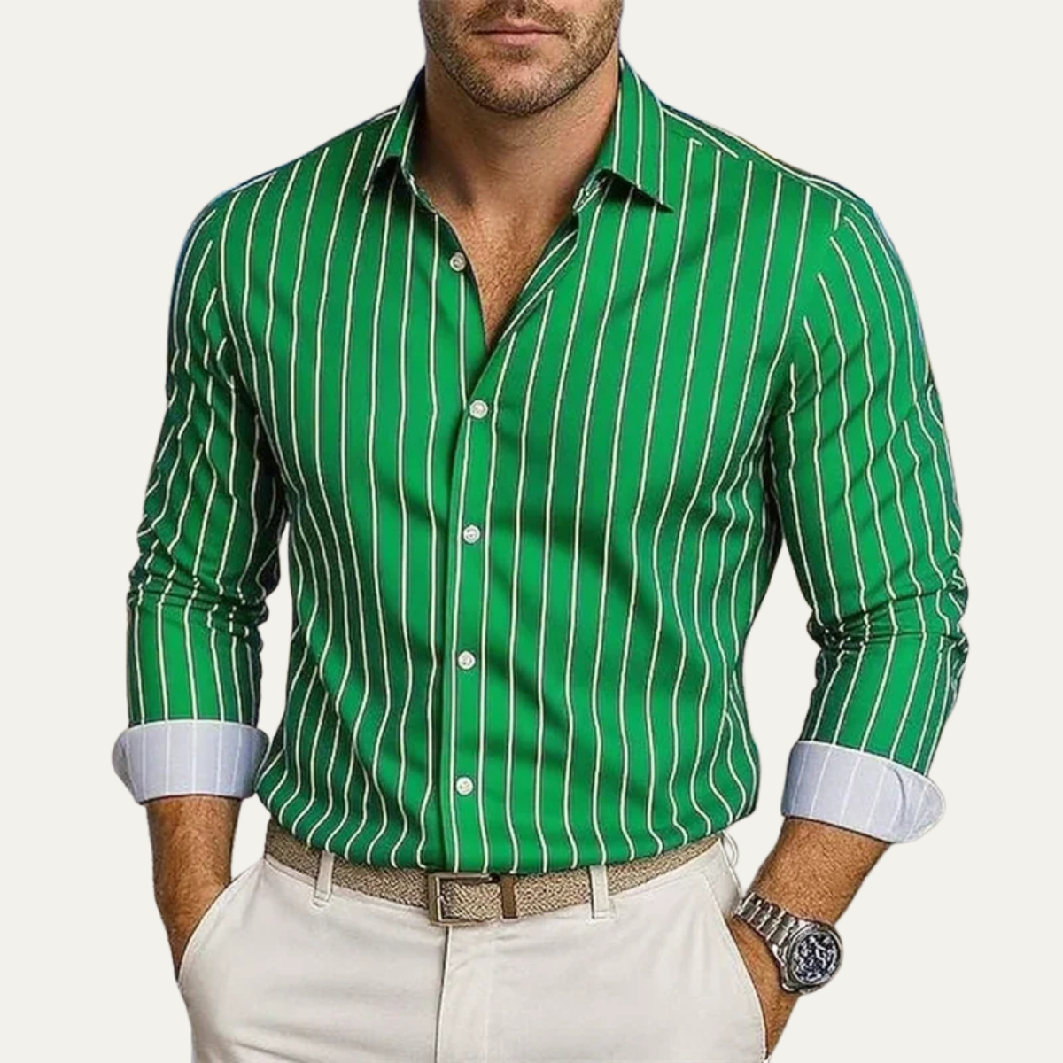 Men's Long Sleeve Striped Dress Shirt with Button Closure and Spread Collar