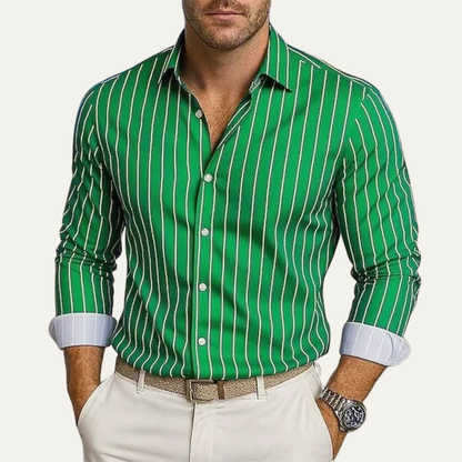 Men's Long Sleeve Striped Dress Shirt with Button Closure and Spread Collar