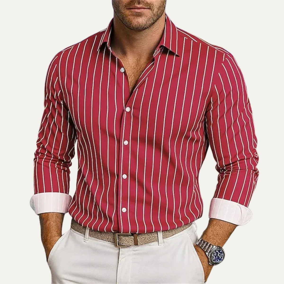 Men's Long Sleeve Striped Dress Shirt with Button Closure and Spread Collar