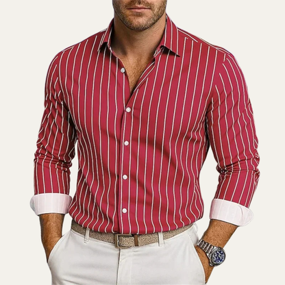 Men's Long Sleeve Striped Dress Shirt with Button Closure and Spread Collar
