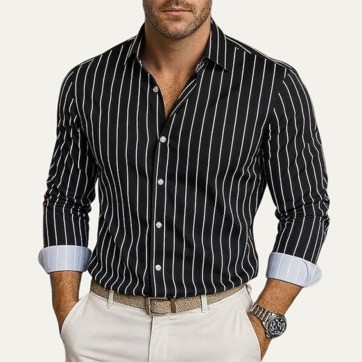 Men's Long Sleeve Striped Dress Shirt with Button Closure and Spread Collar