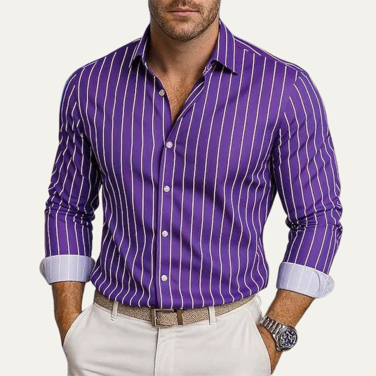 Men's Long Sleeve Striped Dress Shirt with Button Closure and Spread Collar
