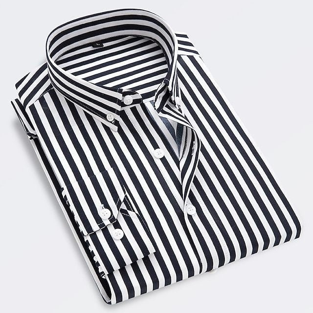 Men's Long Sleeve Striped Shirt with Button-Down Collar