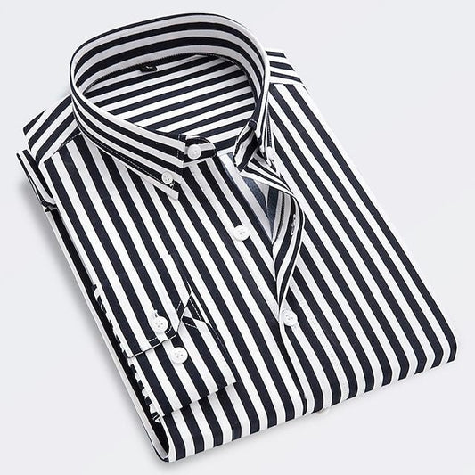 Men's Long Sleeve Striped Shirt with Button-Down Collar