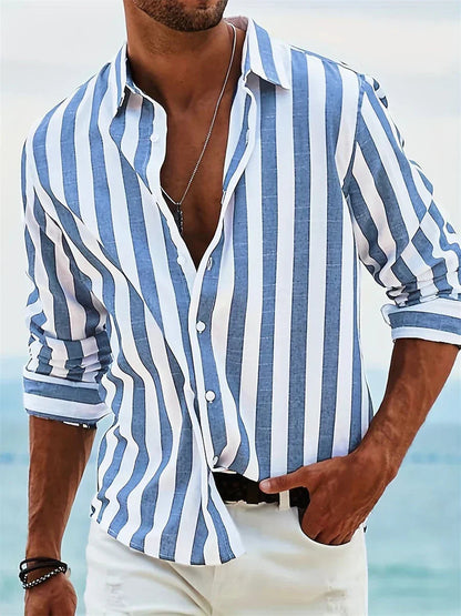 Men's Long Sleeve Striped Shirt with Open Collar and Regular Fit