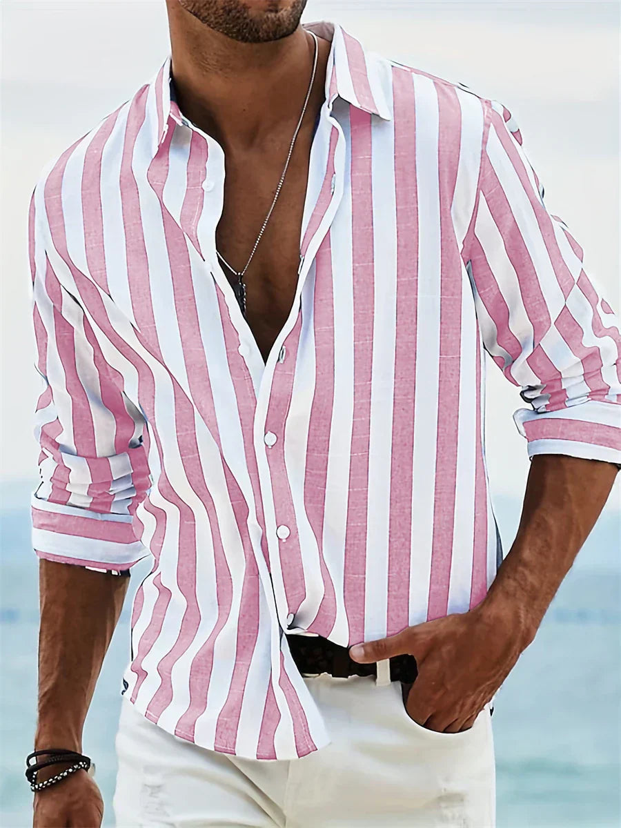 Men's Long Sleeve Striped Shirt with Open Collar and Regular Fit