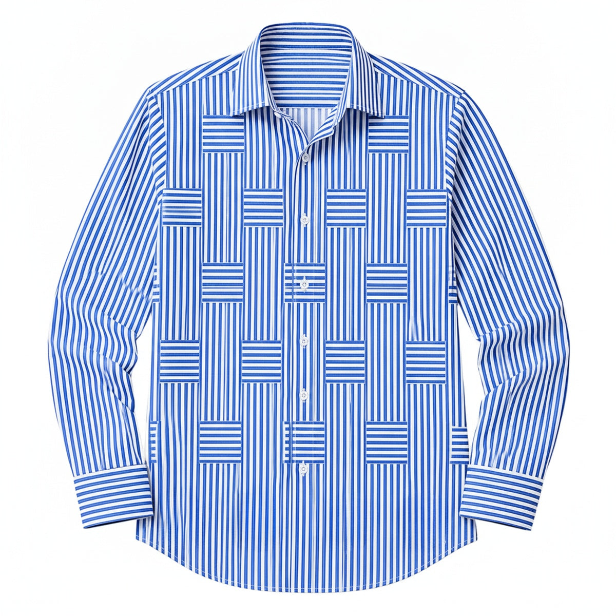 Men's Long Sleeve Striped Shirt with Spread Collar and Button-Up Front