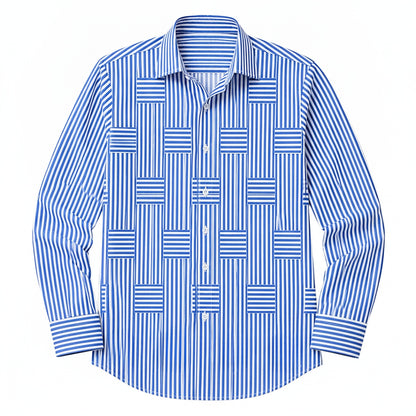 Men's Long Sleeve Striped Shirt with Spread Collar and Button-Up Front