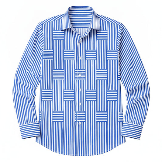 Men's Long Sleeve Striped Shirt with Spread Collar and Button-Up Front