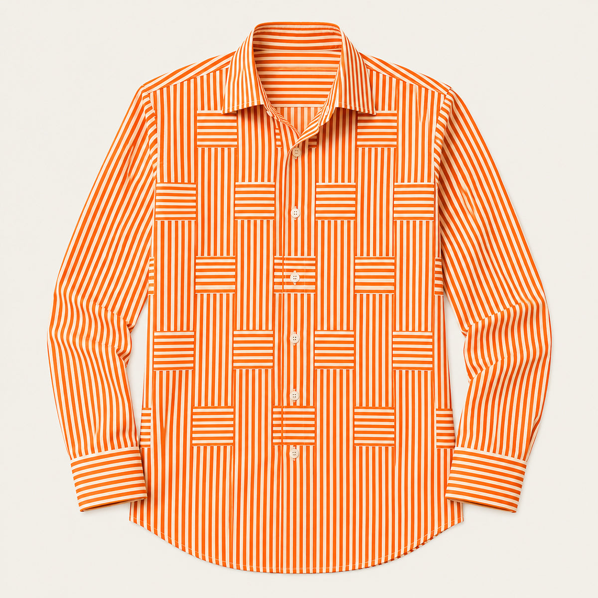 Men's Long Sleeve Striped Shirt with Spread Collar and Button-Up Front